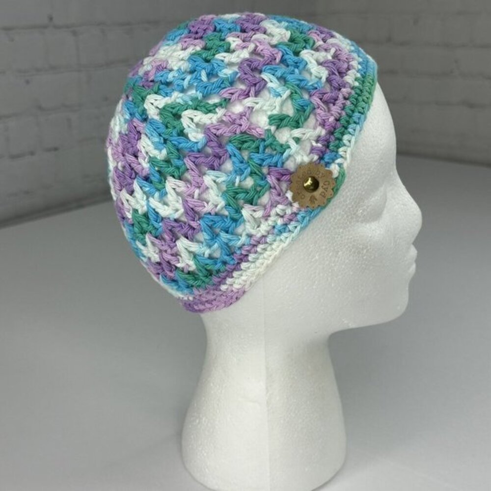 Handmade Women Crochet Beanie Clem Lily Sugar N Cream Beach Ball Blue Cotton NEW